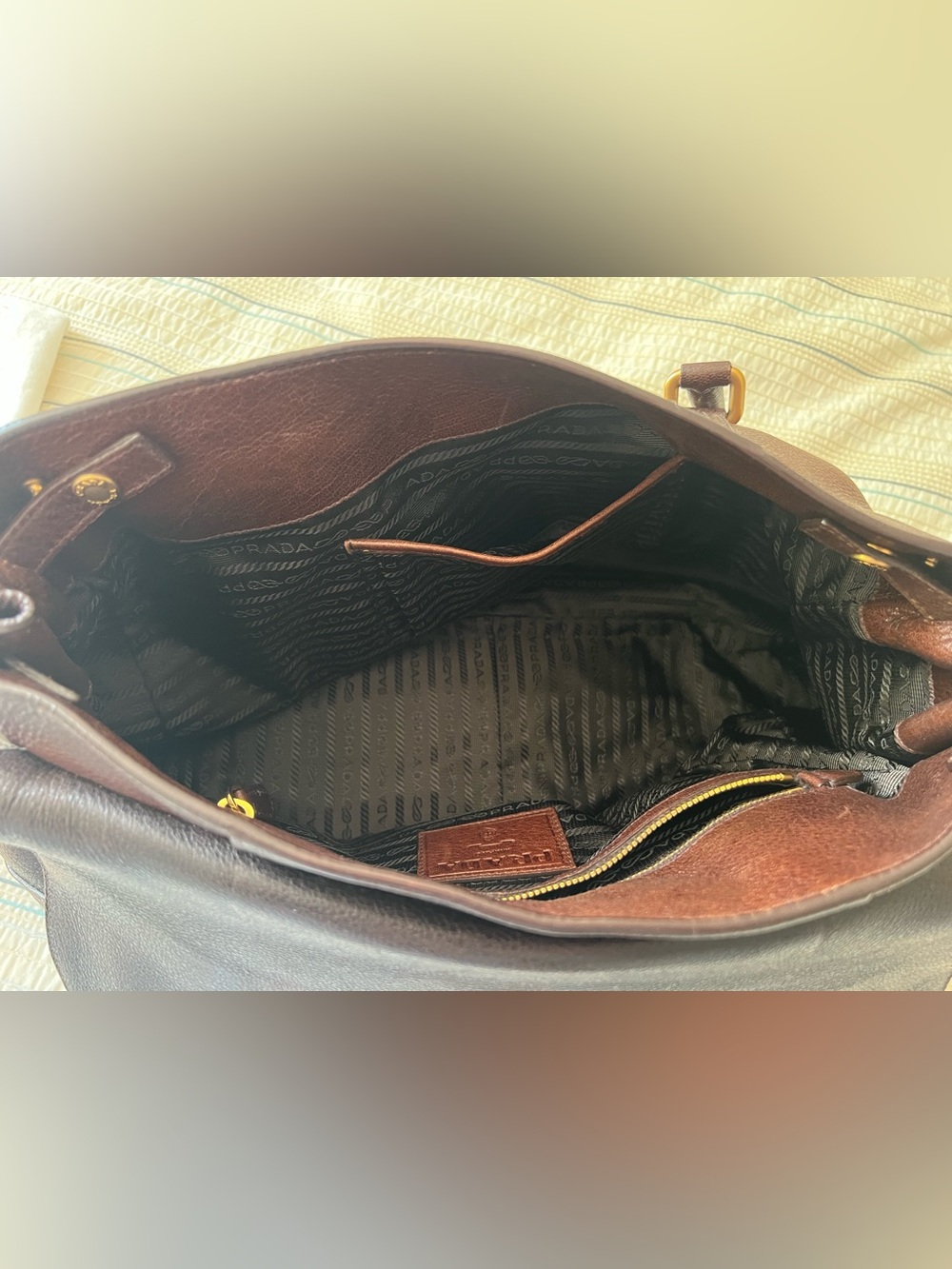 Prada Brown Pebbled Leather Top-Handle/Shoulder Bag/Tote with Gold Hardware - Picture 8 of 16